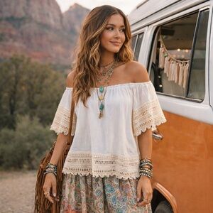 Ella Moss Boho Lilita Macramé Off Shoulder Boho  Peasant Festival Style Top S